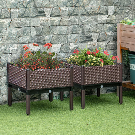 Set of 2 Garden Raised Beds 50x50x46.5cm with Self-Watering Elevated Planter Boxes - Brown