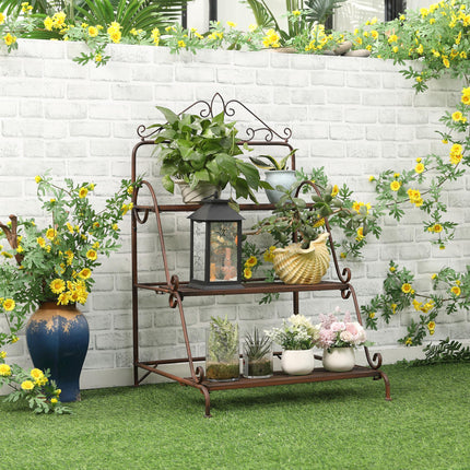 3 Tier Stair Style Metal Plant Stand Storage Organizer Rack for Indoor Outdoor Patio - Rust Brown