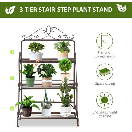 3 Tier Stair Style Metal Plant Stand Storage Organizer Rack for Indoor Outdoor Patio - Rust Brown