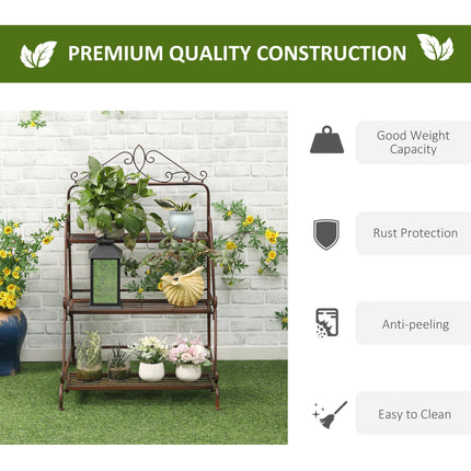 3 Tier Stair Style Metal Plant Stand Storage Organizer Rack for Indoor Outdoor Patio - Rust Brown