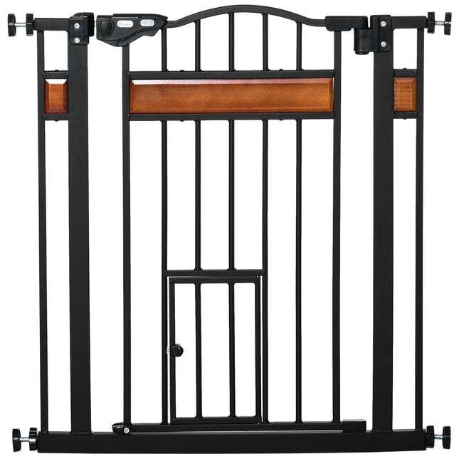Adjustable Dog Gate with Cat Door, Auto Close Double Locking Pine Wood Safety Gate 74-80 cm - Black