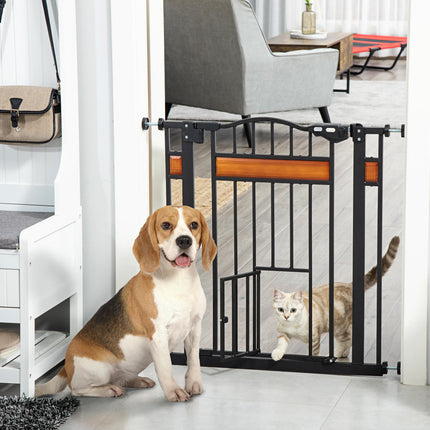 Adjustable Dog Gate with Cat Door, Auto Close Double Locking Pine Wood Safety Gate 74-80 cm - Black