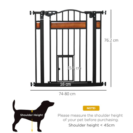 Adjustable Dog Gate with Cat Door, Auto Close Double Locking Pine Wood Safety Gate 74-80 cm - Black