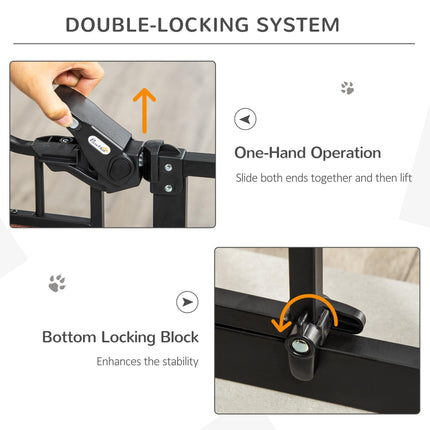 Adjustable Dog Gate with Cat Door, Auto Close Double Locking Pine Wood Safety Gate 74-80 cm - Black
