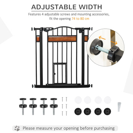 Adjustable Dog Gate with Cat Door, Auto Close Double Locking Pine Wood Safety Gate 74-80 cm - Black