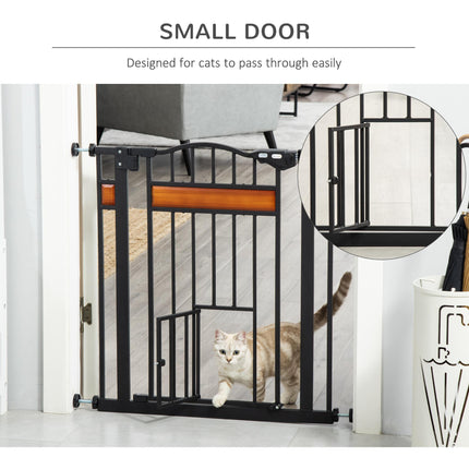 Adjustable Dog Gate with Cat Door, Auto Close Double Locking Pine Wood Safety Gate 74-80 cm - Black
