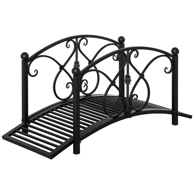Classic Metal Garden Bridge with Floral Safety Railings - Black