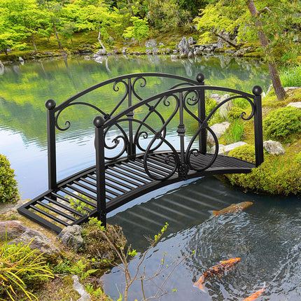 Classic Metal Garden Bridge with Floral Safety Railings - Black