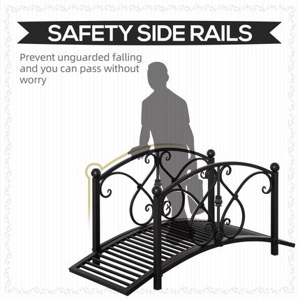 Classic Metal Garden Bridge with Floral Safety Railings - Black