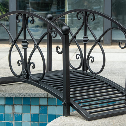Classic Metal Garden Bridge with Floral Safety Railings - Black