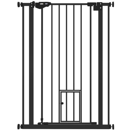Extra Tall Dog Gate with Built-In Cat Door, Auto Close Double Locking, 104 cm x 74-80 cm - Black