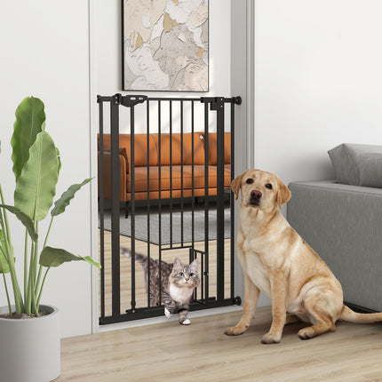 Extra Tall Dog Gate with Built-In Cat Door, Auto Close Double Locking, 104 cm x 74-80 cm - Black
