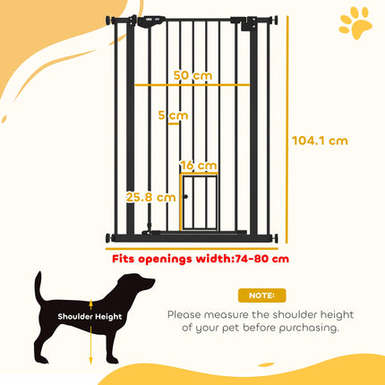 Extra Tall Dog Gate with Built-In Cat Door, Auto Close Double Locking, 104 cm x 74-80 cm - Black