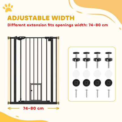 Extra Tall Dog Gate with Built-In Cat Door, Auto Close Double Locking, 104 cm x 74-80 cm - Black