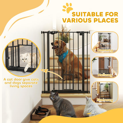 Extra Tall Dog Gate with Built-In Cat Door, Auto Close Double Locking, 104 cm x 74-80 cm - Black