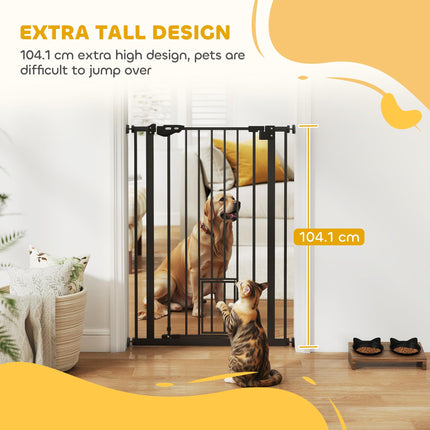 Extra Tall Dog Gate with Built-In Cat Door, Auto Close Double Locking, 104 cm x 74-80 cm - Black