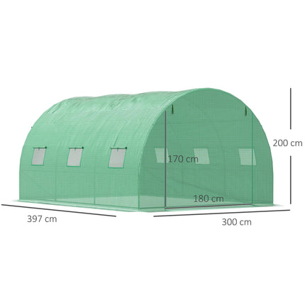 4 x 3m Walk-In Polytunnel Greenhouse with PE Cover and Zippered Door - Green