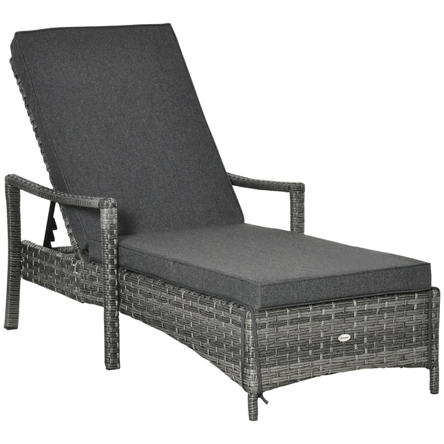Rattan Sun Lounger with 4-Level Adjustable Headrest 192x62.5x52.5 cm - Mixed Grey