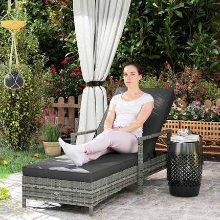 Rattan Sun Lounger with 4-Level Adjustable Headrest 192x62.5x52.5 cm - Mixed Grey