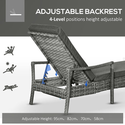 Rattan Sun Lounger with 4-Level Adjustable Headrest 192x62.5x52.5 cm - Mixed Grey
