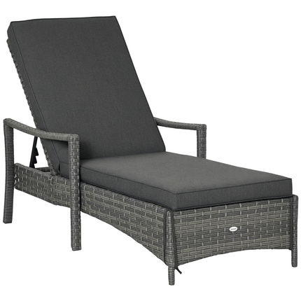 Rattan Sun Lounger with 4-Level Adjustable Headrest 192x62.5x52.5 cm - Mixed Grey