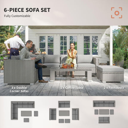 6 Piece PE Rattan Garden Corner Sofa Set with Cushions - Grey