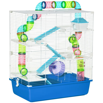 Large 5-Level Hamster Cage with Tunnel Tube, Exercise Wheel & Water Bottle - Blue