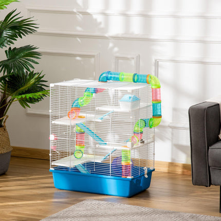 Large 5-Level Hamster Cage with Tunnel Tube, Exercise Wheel & Water Bottle - Blue