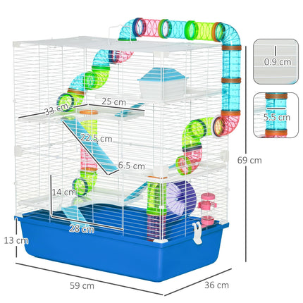Large 5-Level Hamster Cage with Tunnel Tube, Exercise Wheel & Water Bottle - Blue