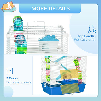 Large 5-Level Hamster Cage with Tunnel Tube, Exercise Wheel & Water Bottle - Blue