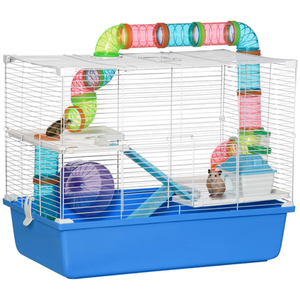 Large 3-Level Hamster Cage with Tube Tunnel, Exercise Wheel, Water Bottle & Food Dish - Blue