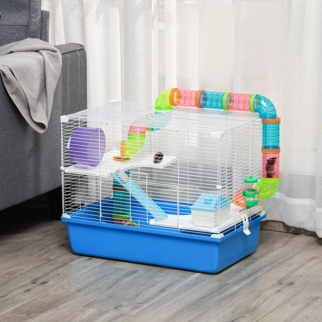 Large 3-Level Hamster Cage with Tube Tunnel, Exercise Wheel, Water Bottle & Food Dish - Blue