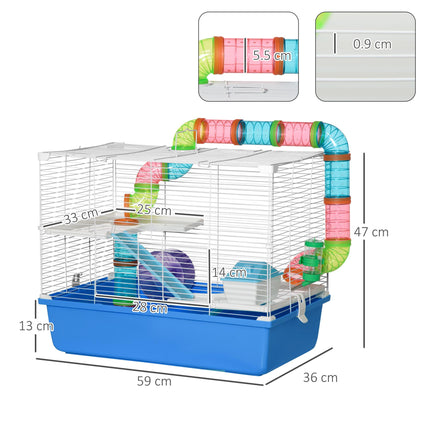 Large 3-Level Hamster Cage with Tube Tunnel, Exercise Wheel, Water Bottle & Food Dish - Blue