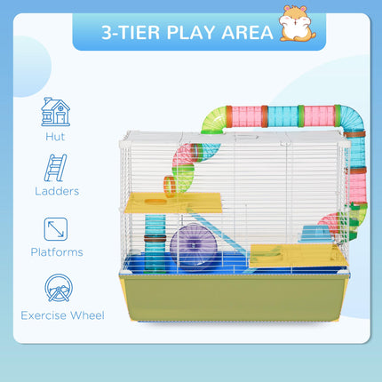 Large 3-Level Hamster Cage with Tube Tunnel, Exercise Wheel, Water Bottle & Food Dish - Blue