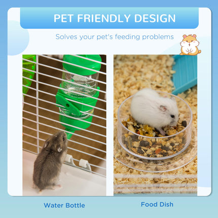 Large 3-Level Hamster Cage with Tube Tunnel, Exercise Wheel, Water Bottle & Food Dish - Blue