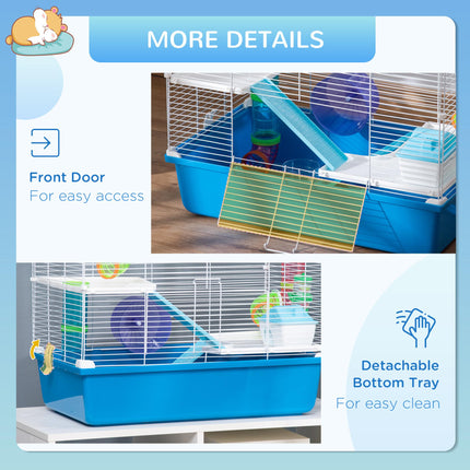 Large 3-Level Hamster Cage with Tube Tunnel, Exercise Wheel, Water Bottle & Food Dish - Blue
