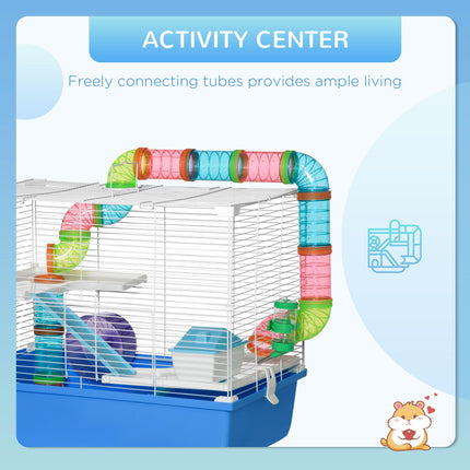 Large 3-Level Hamster Cage with Tube Tunnel, Exercise Wheel, Water Bottle & Food Dish - Blue