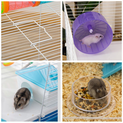 Large 3-Level Hamster Cage with Tube Tunnel, Exercise Wheel, Water Bottle & Food Dish - Blue