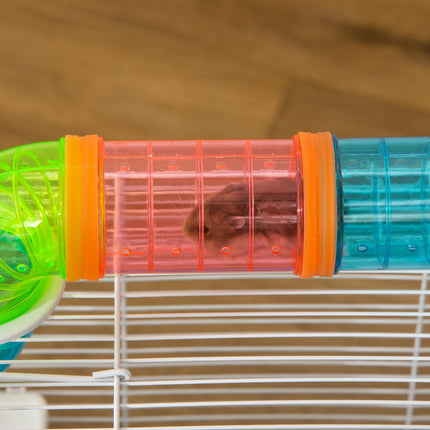 Large 3-Level Hamster Cage with Tube Tunnel, Exercise Wheel, Water Bottle & Food Dish - Blue