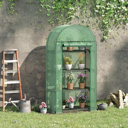 Portable Mini Greenhouse with 4 Metal Shelves and Roll-Up Door - Green