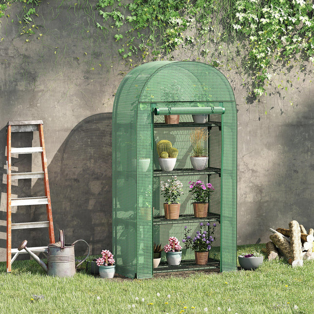 Portable Mini Greenhouse with 4 Metal Shelves and Roll-Up Door - Green