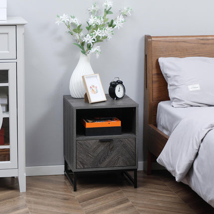Industrial Bedside Table with Drawer and Shelf - Dark Grey