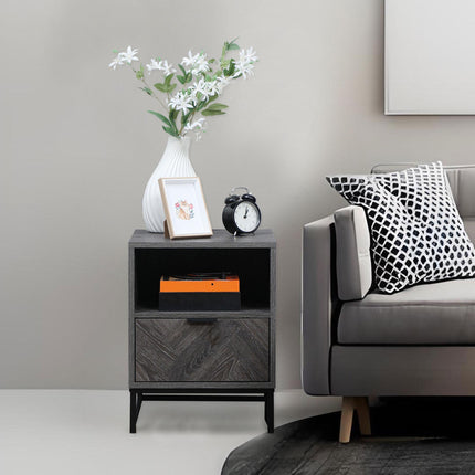 Industrial Bedside Table with Drawer and Shelf - Dark Grey