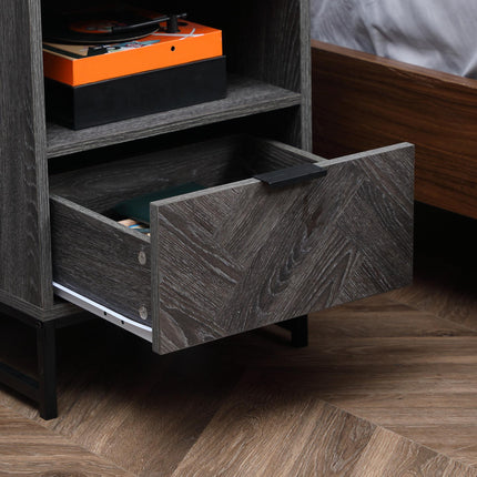 Industrial Bedside Table with Drawer and Shelf - Dark Grey
