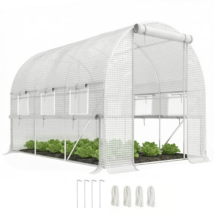 3 x 2 x 2m Walk-In Polytunnel Greenhouse with PE Cover & Mesh Windows - White