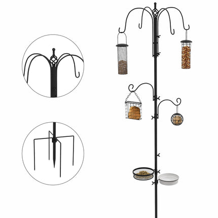 Bird Feeding Station Kit with 6 Hooks and 4 Feeders for Peanuts, Seed, Fat Balls - Black