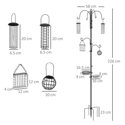 Bird Feeding Station Kit with 6 Hooks and 4 Feeders for Peanuts, Seed, Fat Balls - Black