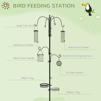 Bird Feeding Station Kit with 6 Hooks and 4 Feeders for Peanuts, Seed, Fat Balls - Black