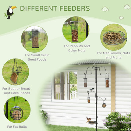 Bird Feeding Station Kit with 6 Hooks and 4 Feeders for Peanuts, Seed, Fat Balls - Black