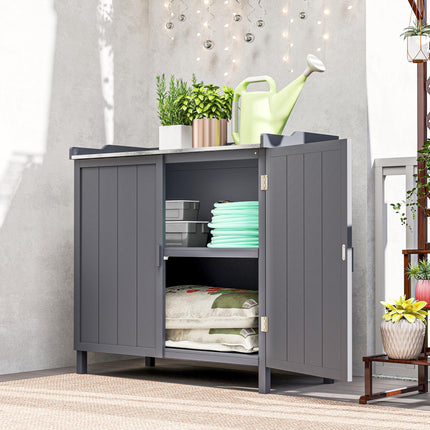 Wooden Garden Storage Shed with Galvanised Metal Table Top 98x48x95.5cm - Grey